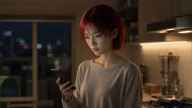 厨房内冷色窗光与暖色灯光混合的布光
