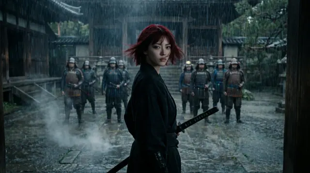 雨中武士与庭院构成的日本时代剧画面
